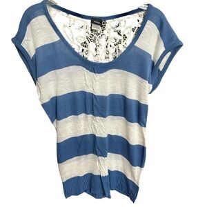 Vanity Blue and White Striped Knit with Lace Detail- NWOT L